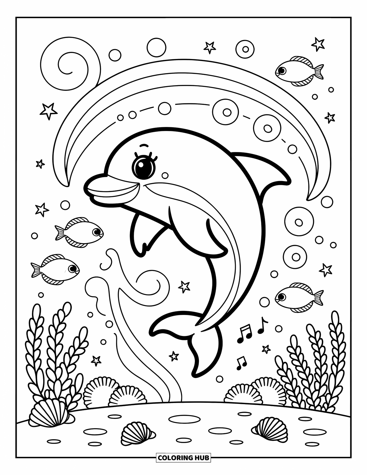 Desenho de Animais Marinhos para Adultos: Um golfinho gira com alegria entre brilhos, notas musicais e amigos peixinhos