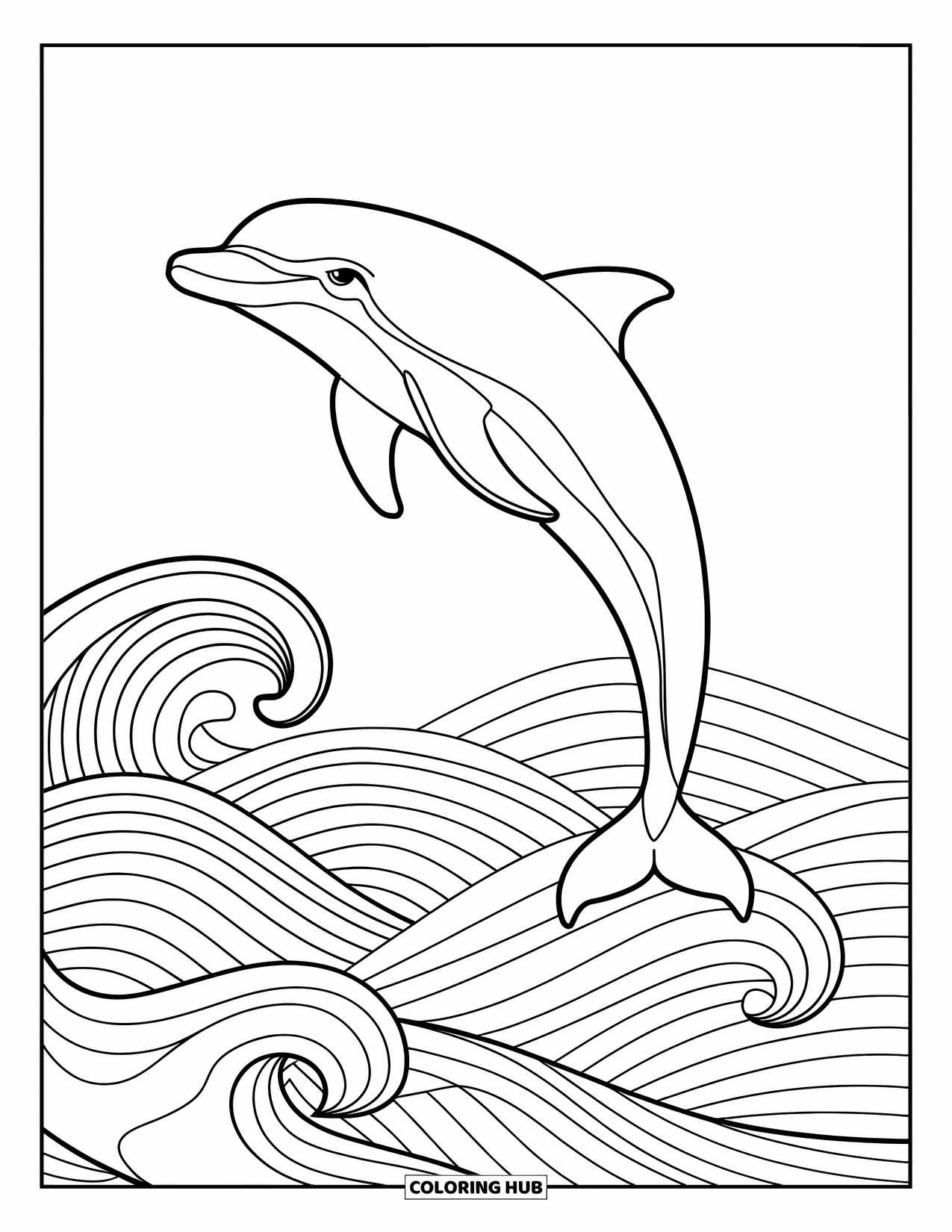 Desenho de Animais Marinhos para Colorir para Adultos: Um golfinho salta no ar sobre ondas calmas com linhas de água nítidas