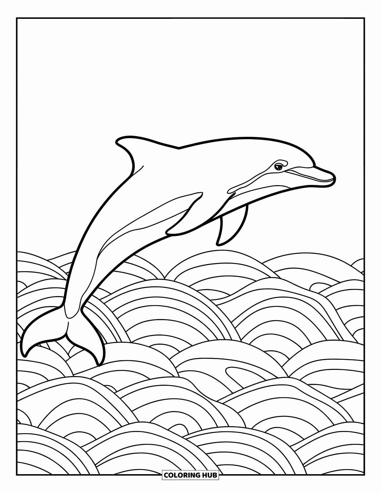 Desenho de Animais Marinhos para Colorir para Adultos: Um golfinho salta alto acima de água ondulada e estampada