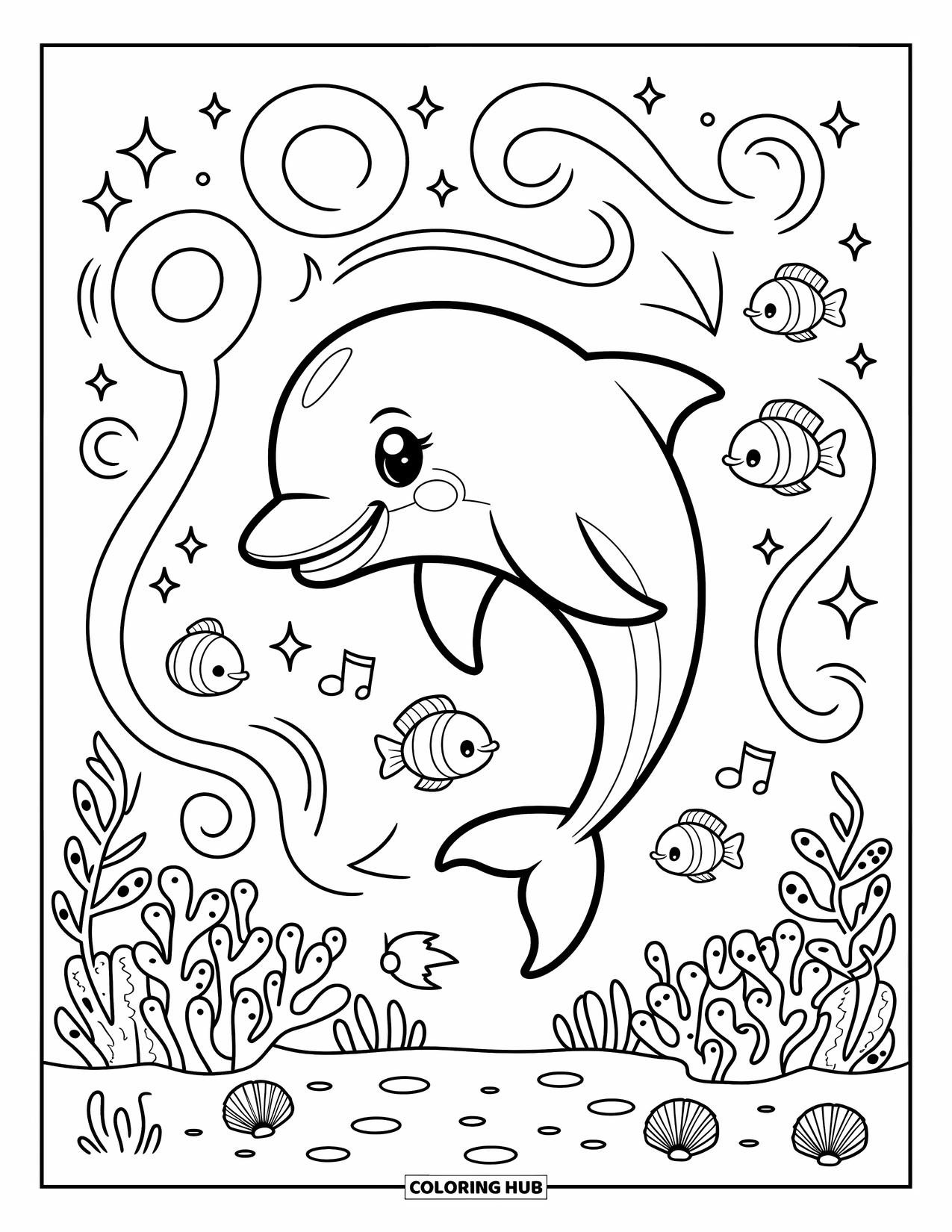 Ocean Animals Coloring Page for Adults: A dolphin spins joyfully while fish watch, and sparkles swirl above coral