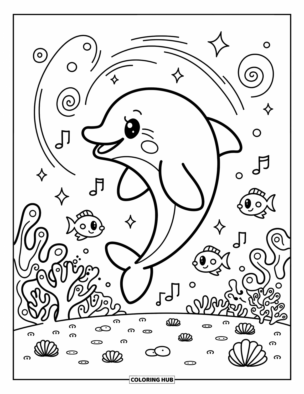 Desenho de Animais Marinhos para Adultos: Um golfinho gira no meio do salto com brilhos musicais enquanto peixes aplaudem de baixo
