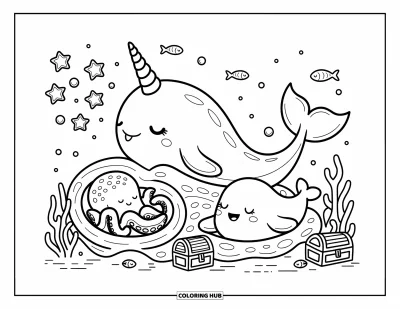 Ocean Animals Coloring Page for Adults: A dreamy narwhal floats near glowing star bubbles with friends and sleepy fish