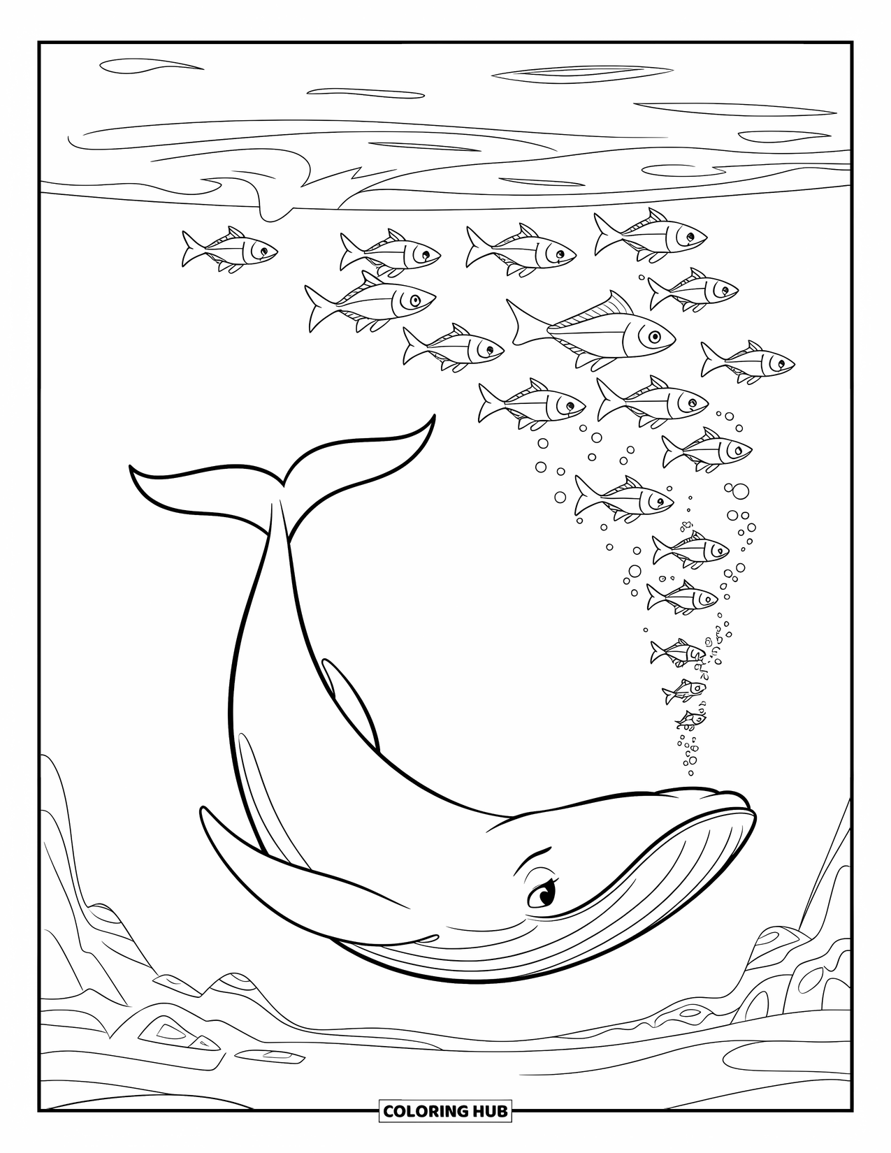 Desenho de Animais Marinhos para Colorir para Adultos: Uma baleia gentil sopra bolhas enquanto peixes de todas as formas nadam por perto