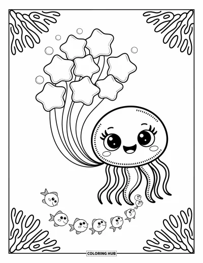 Ocean Animals Coloring Page for Adults: A happy jellyfish rises with floating stars while coral fans decorate the corners