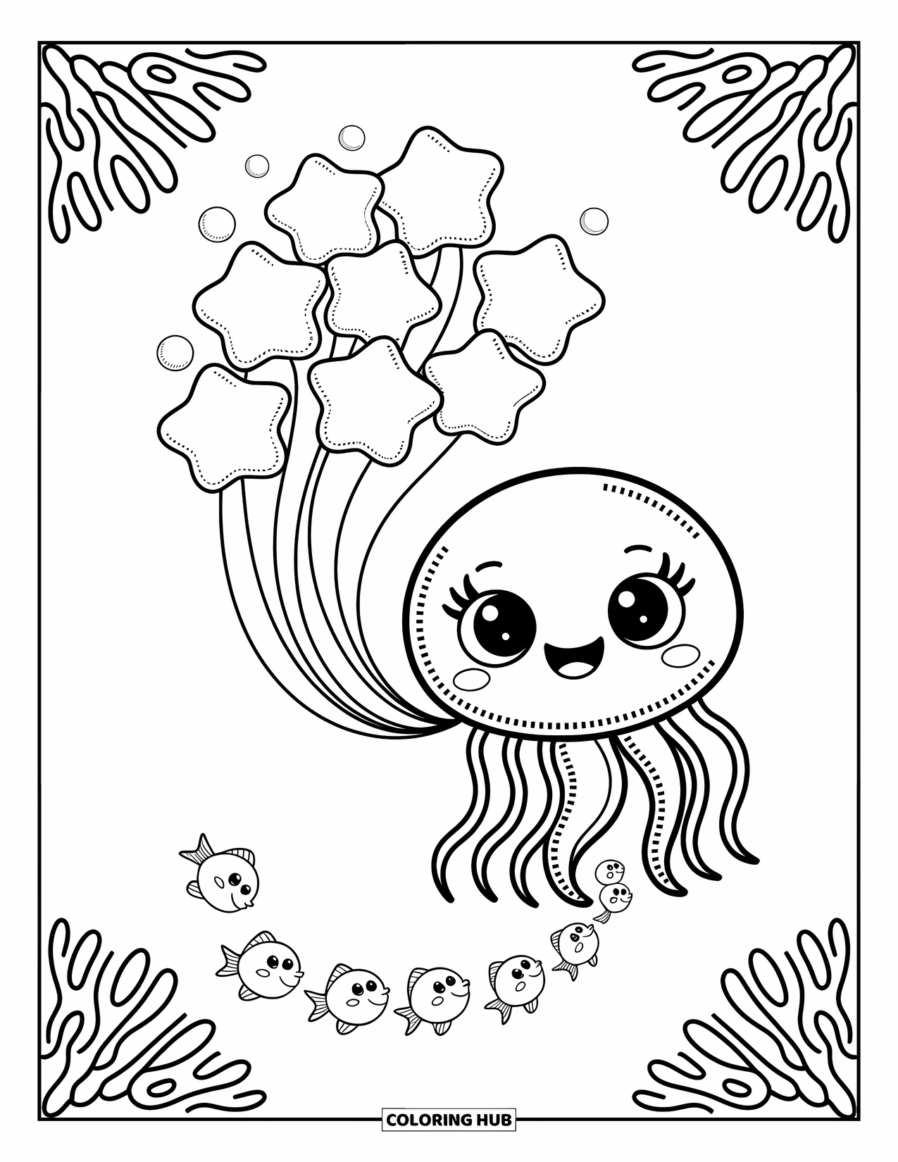Desenho de Animais Marinhos para Colorir para Adultos: Uma água-viva feliz se eleva com estrelas flutuantes enquanto leques de coral decoram os cantos