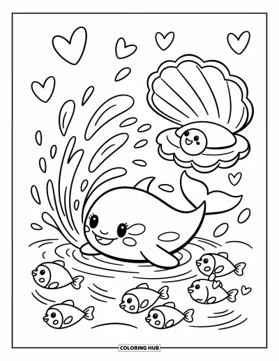 Ocean Animals Coloring Page for Adults: A happy orca creates swirls with its tail as fish dodge the splash