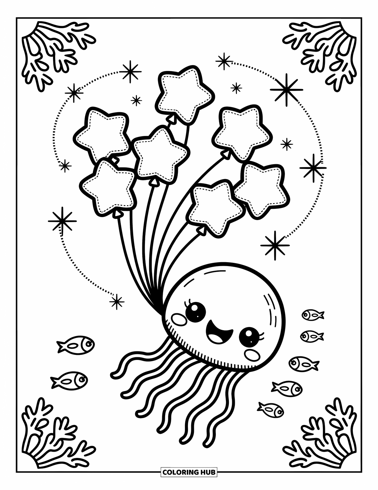 Desenho de Animais Marinhos para Colorir para Adultos: Uma água-viva flutua para cima com bolhas de estrela e peixes seguindo alegremente