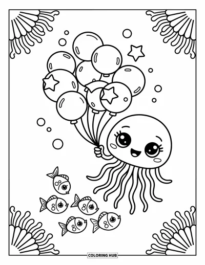 Ocean Animals Coloring Page for Adults: A jellyfish floats up holding star bubbles while playful fish follow behind