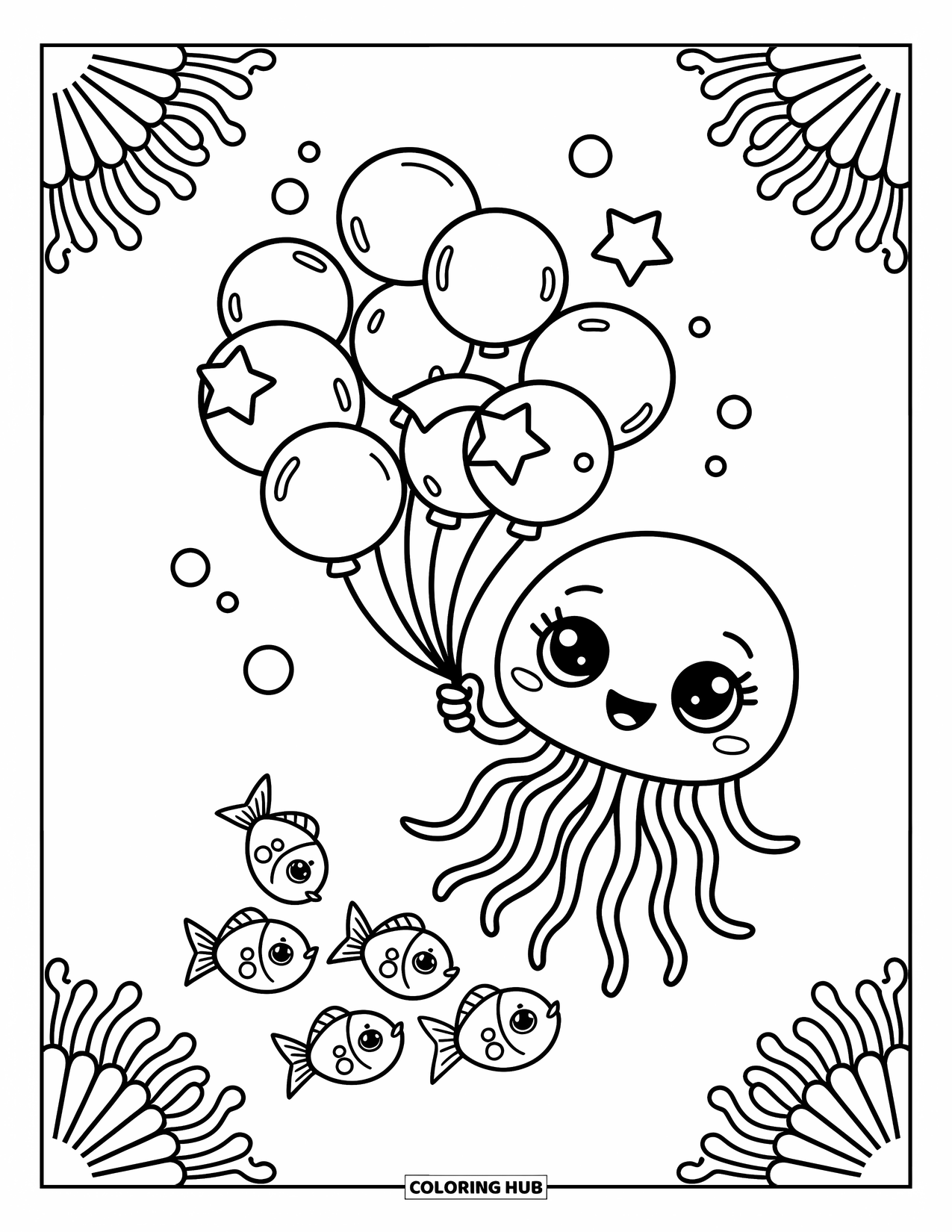Desenho de Animais Marinhos para Colorir para Adultos: Uma água-viva flutua segurando bolhas de estrela enquanto peixes brincalhões seguem atrás