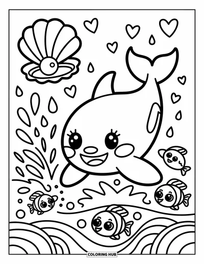 Ocean Animals Coloring Page for Adults: A joyful orca plays while heart bubbles and fish swirl in the waves