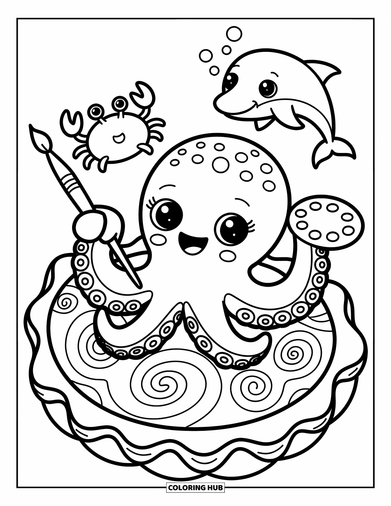 Desenho de Animais Marinhos para Colorir para Adultos: Um polvo pintor adiciona espirais a uma concha enquanto um caranguejo e um golfinho aplaudem