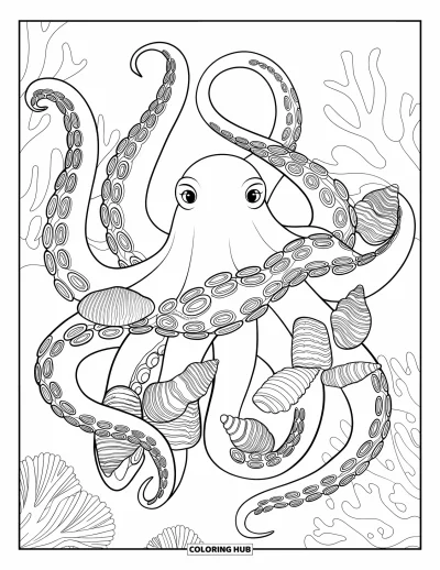 Ocean Animals Coloring Page for Adults: A patterned octopus stretches its arms around shells and coral in the sea