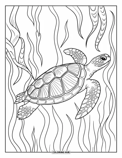 Ocean Animals Coloring Page for Adults: A patterned turtle swims with flowing seaweed in the deep sea