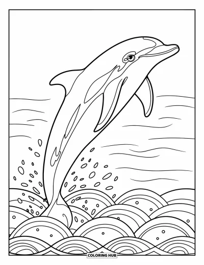 Ocean Animals Coloring Page for Adults: A playful dolphin jumps above the water and splashes near the waves