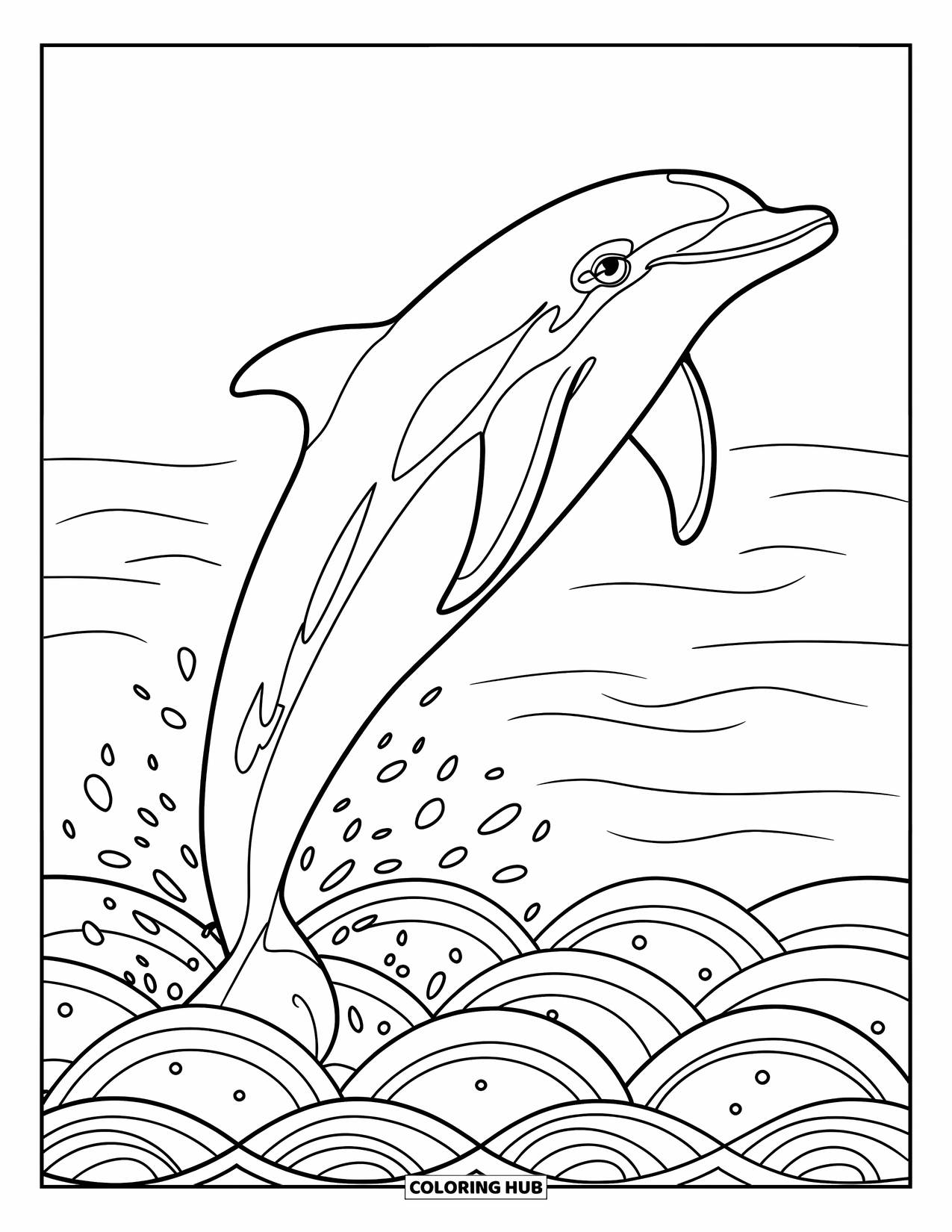 Desenho de Animais Marinhos para Colorir para Adultos: Um golfinho brincalhão salta acima da água e espirra perto das ondas