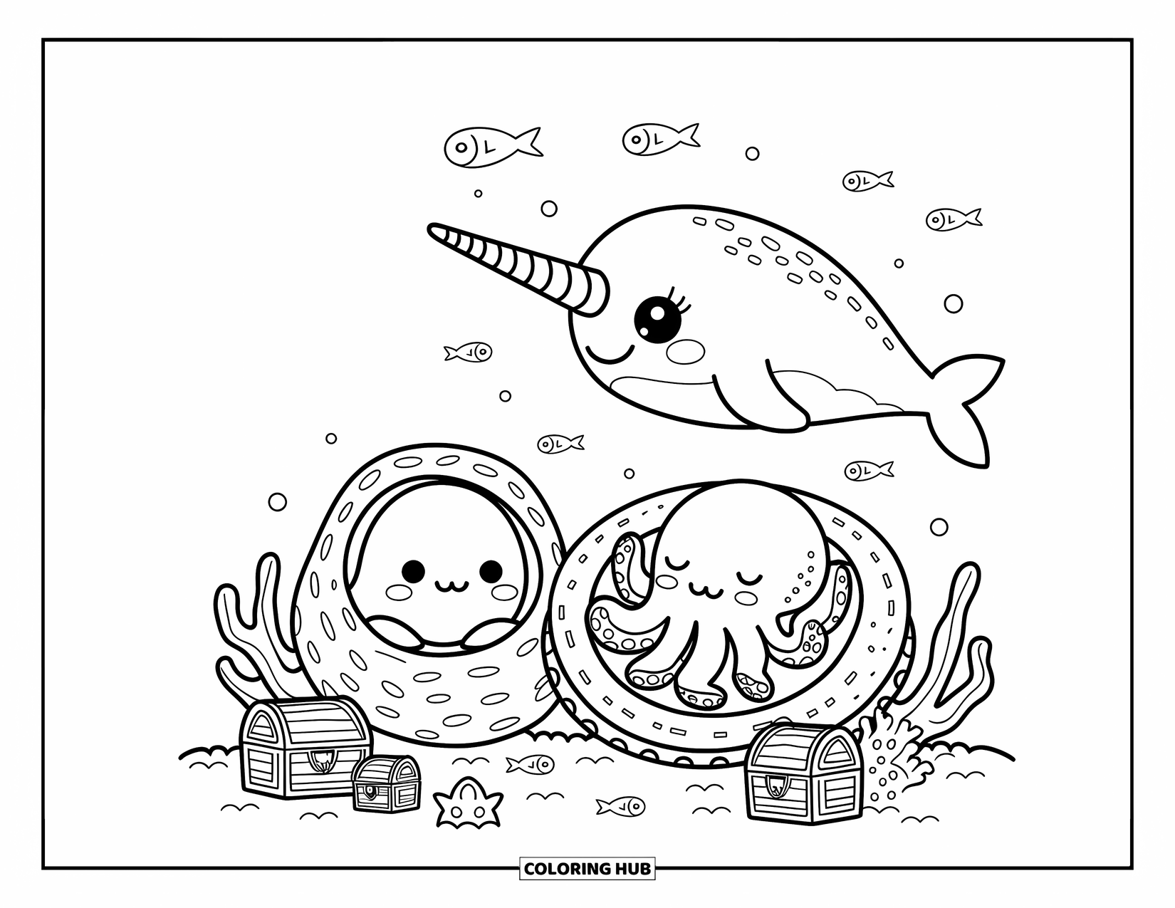 Desenho de Animais Marinhos para Colorir para Adultos: Um narval brincalhão aponta para bolhas de estrela enquanto amigos cochilam em uma cama de coral aconchegante