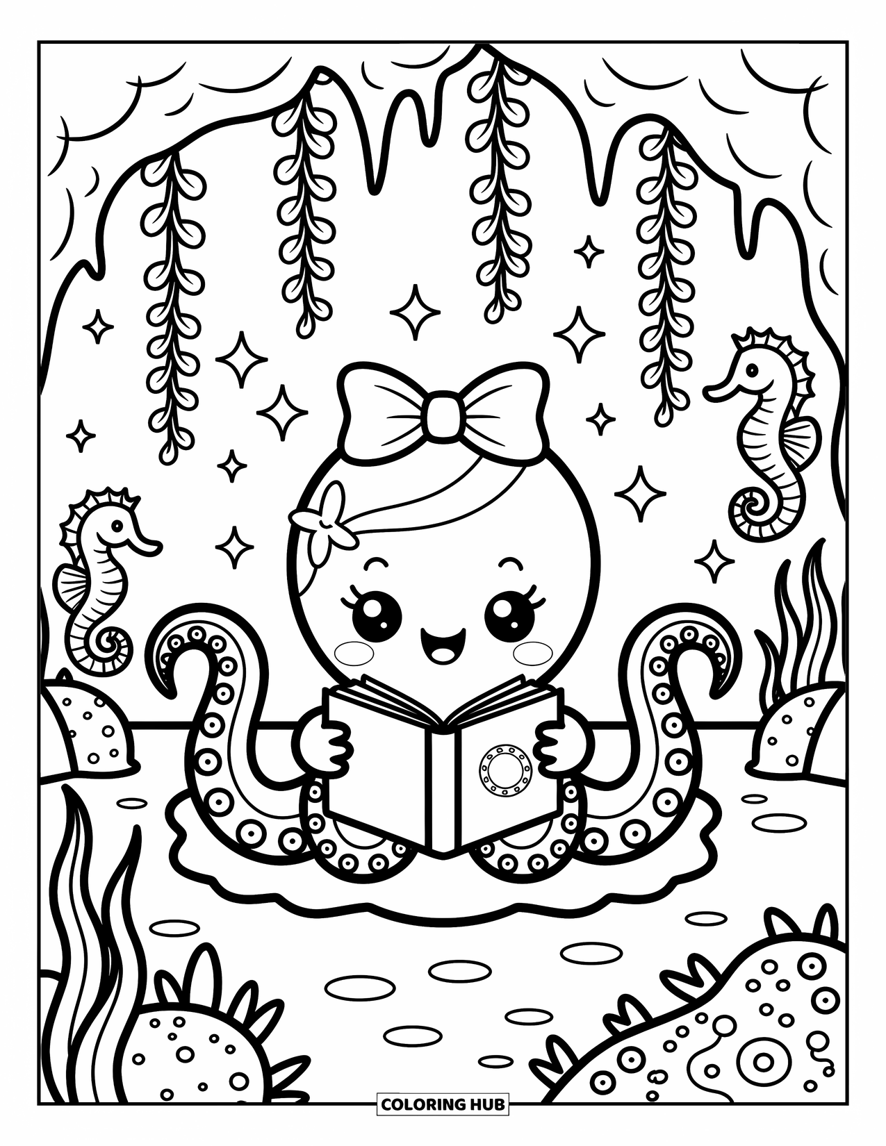 Desenho de Animais Marinhos para Adultos: Um polvo leitor senta-se em uma caverna decorada com flores, brilhos e cavalos-marinhos