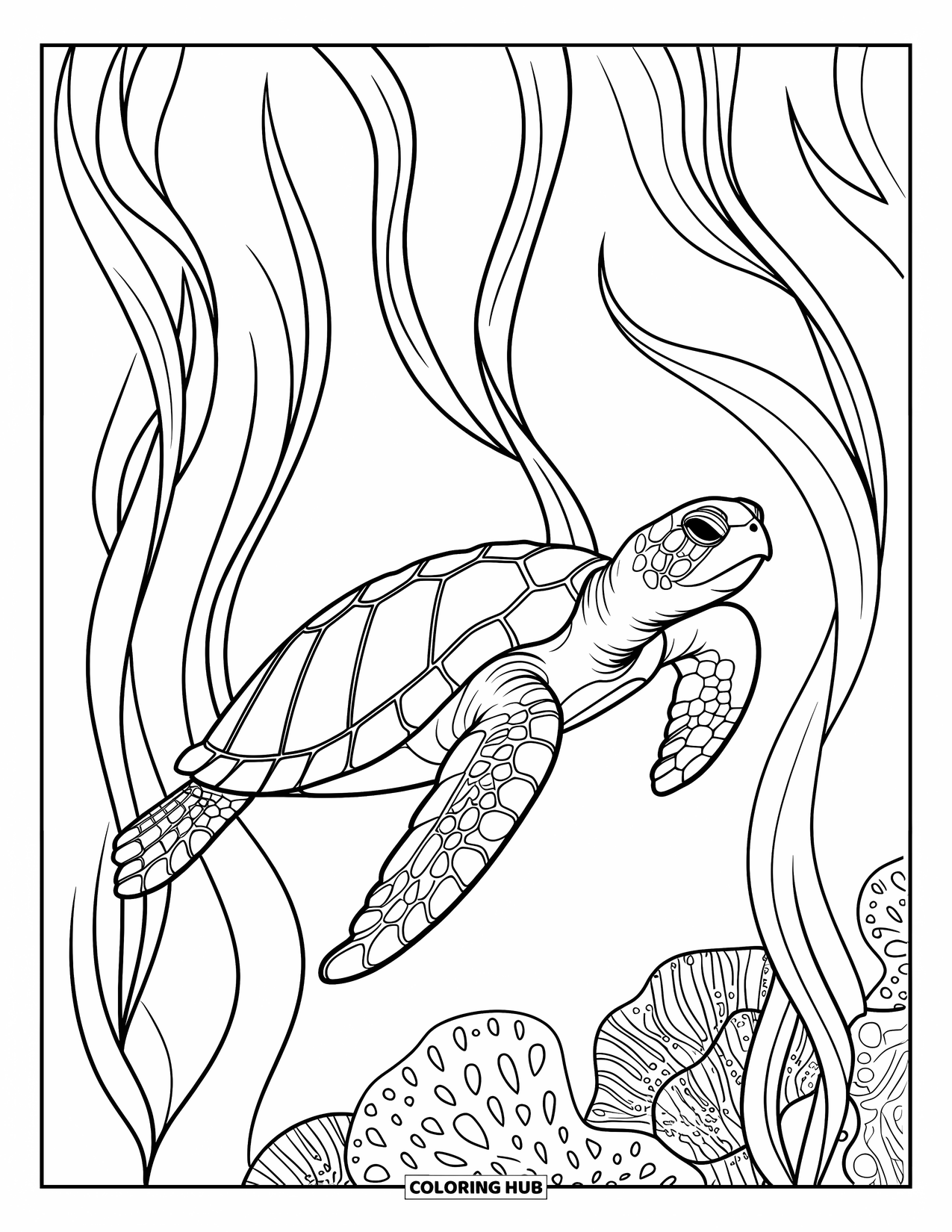 Desenho de Animais Marinhos para Colorir para Adultos: Uma tartaruga marinha explora recifes de coral e algas marinhas balançando debaixo d'água
