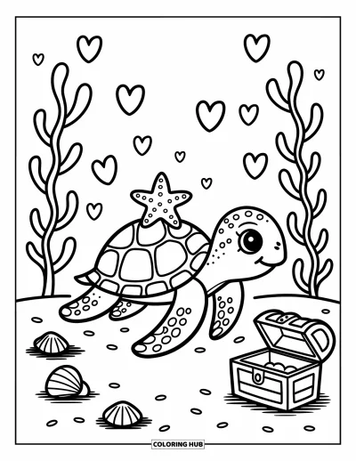 Ocean Animals Coloring Page for Adults: A sea turtle glides with a starfish on its back near shells and kelp