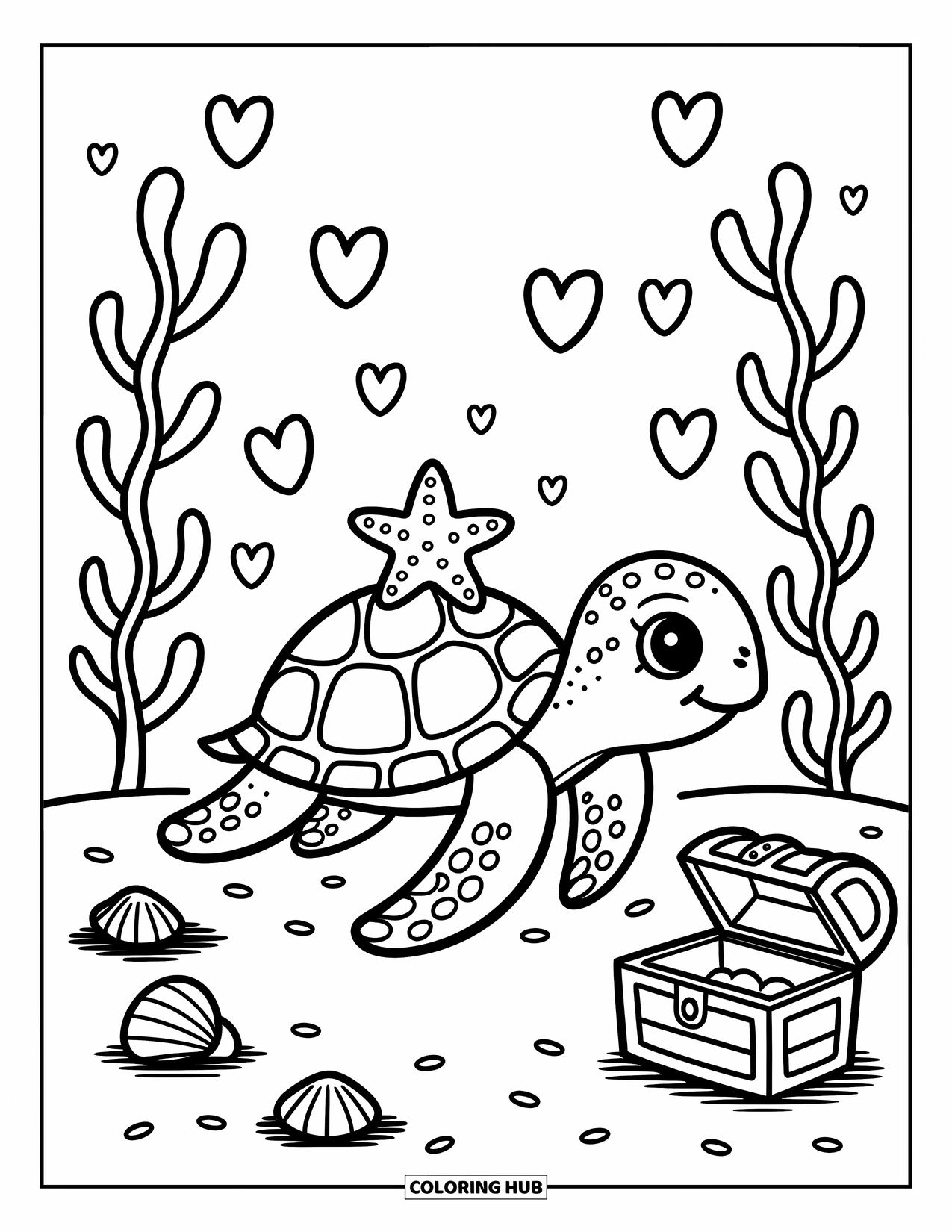 Desenho de Animais Marinhos para Adultos: Uma tartaruga marinha desliza com uma estrela-do-mar em suas costas perto de conchas e algas