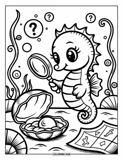 Ocean Animals Coloring Page for Adults: A seahorse studies a pearl with a magnifier near shells and curious question bubbles