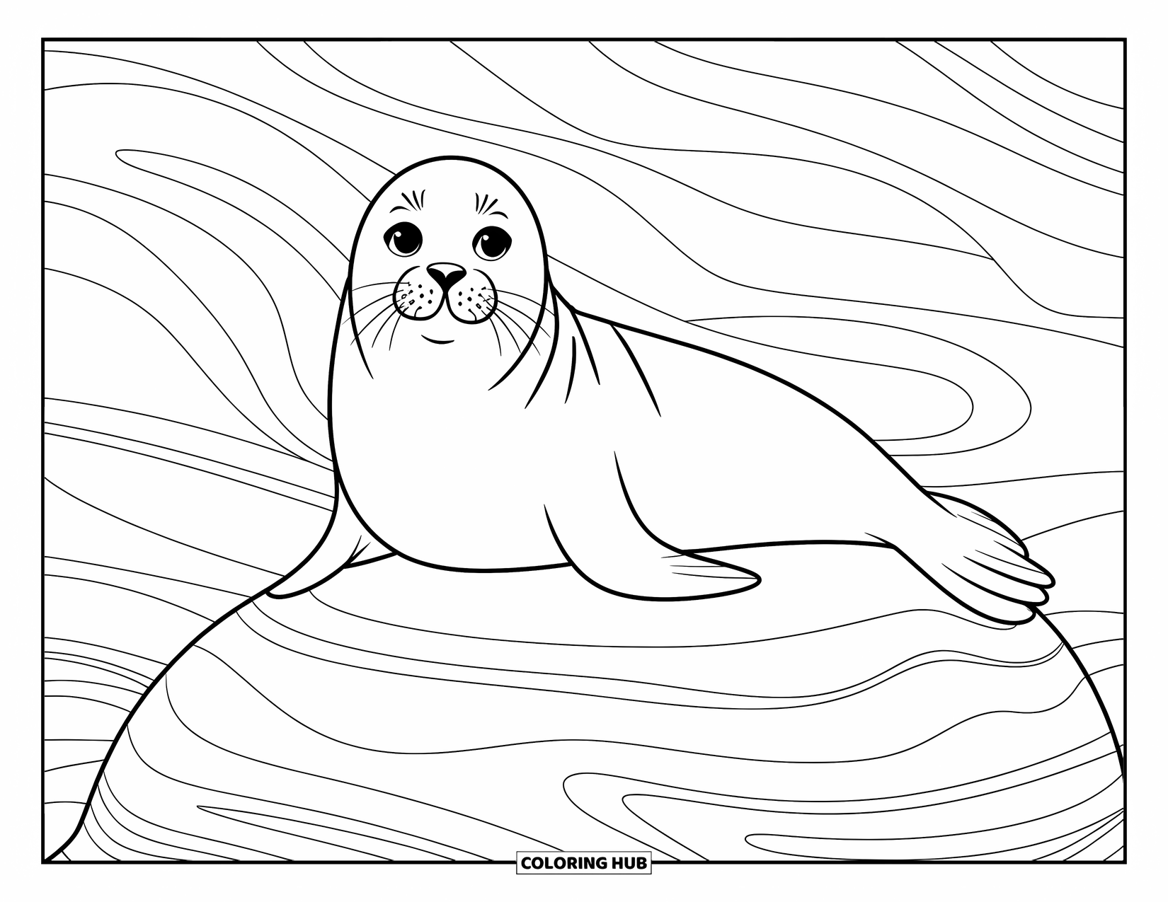Desenho de Animais Marinhos para Colorir para Adultos: Uma foca está deitada em uma rocha estampada com linhas onduladas por toda parte