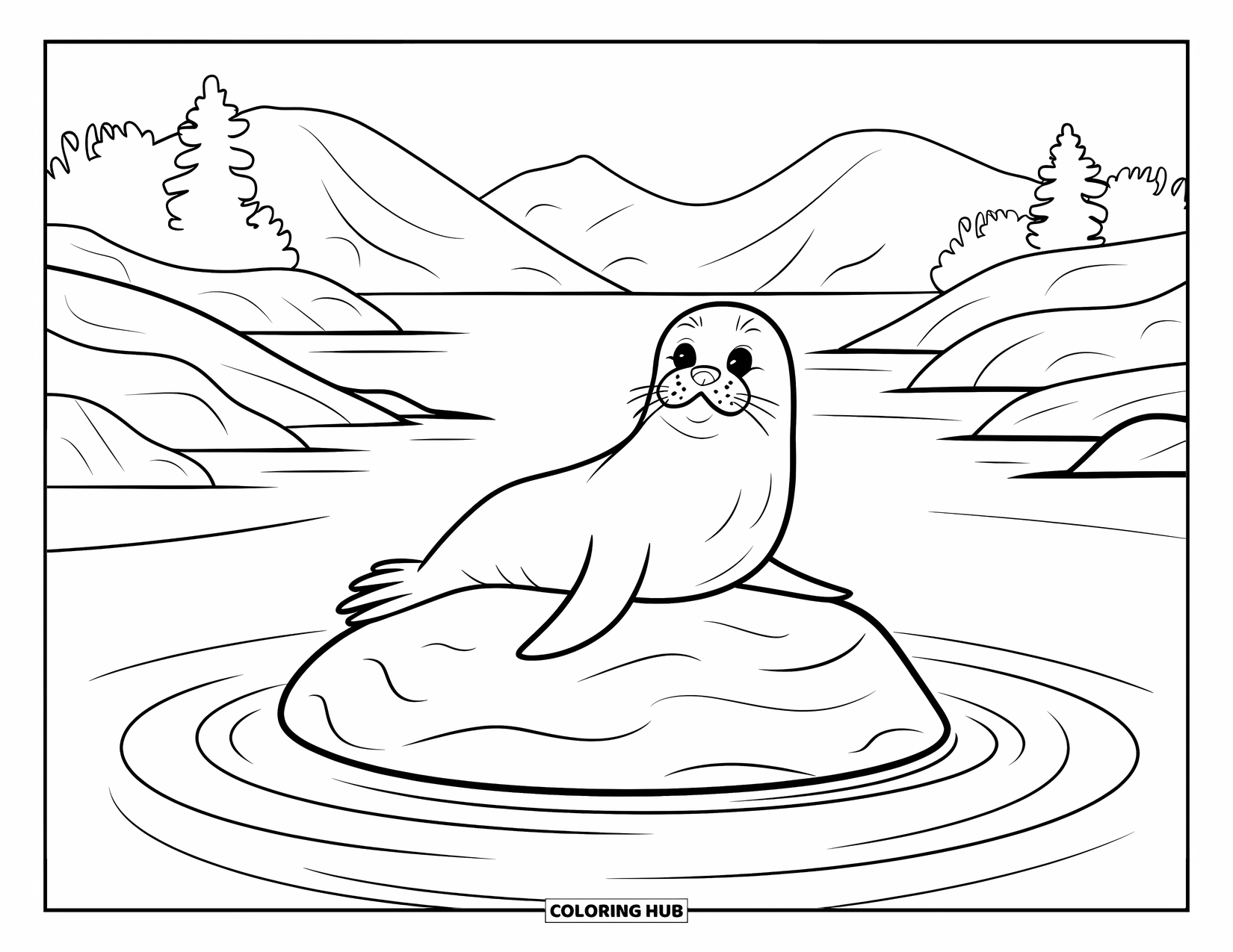 Desenho de Animais Marinhos para Colorir para Adultos: Uma foca está deitada em uma rocha em água calma com árvores e montanhas ao redor