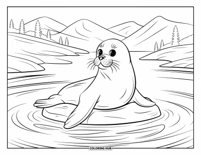 Ocean Animals Coloring Page for Adults: A seal lounges on a rock with swirling water and peaceful mountains nearby