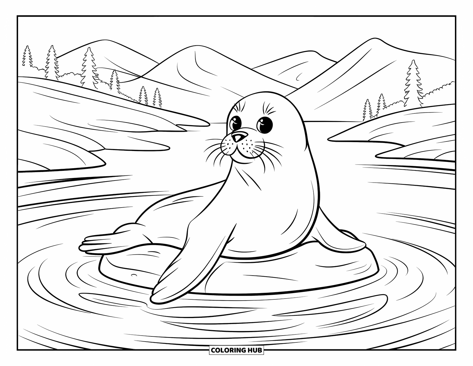Desenho de Animais Marinhos para Colorir para Adultos: Uma foca relaxa em uma rocha com água girando e montanhas pacíficas por perto