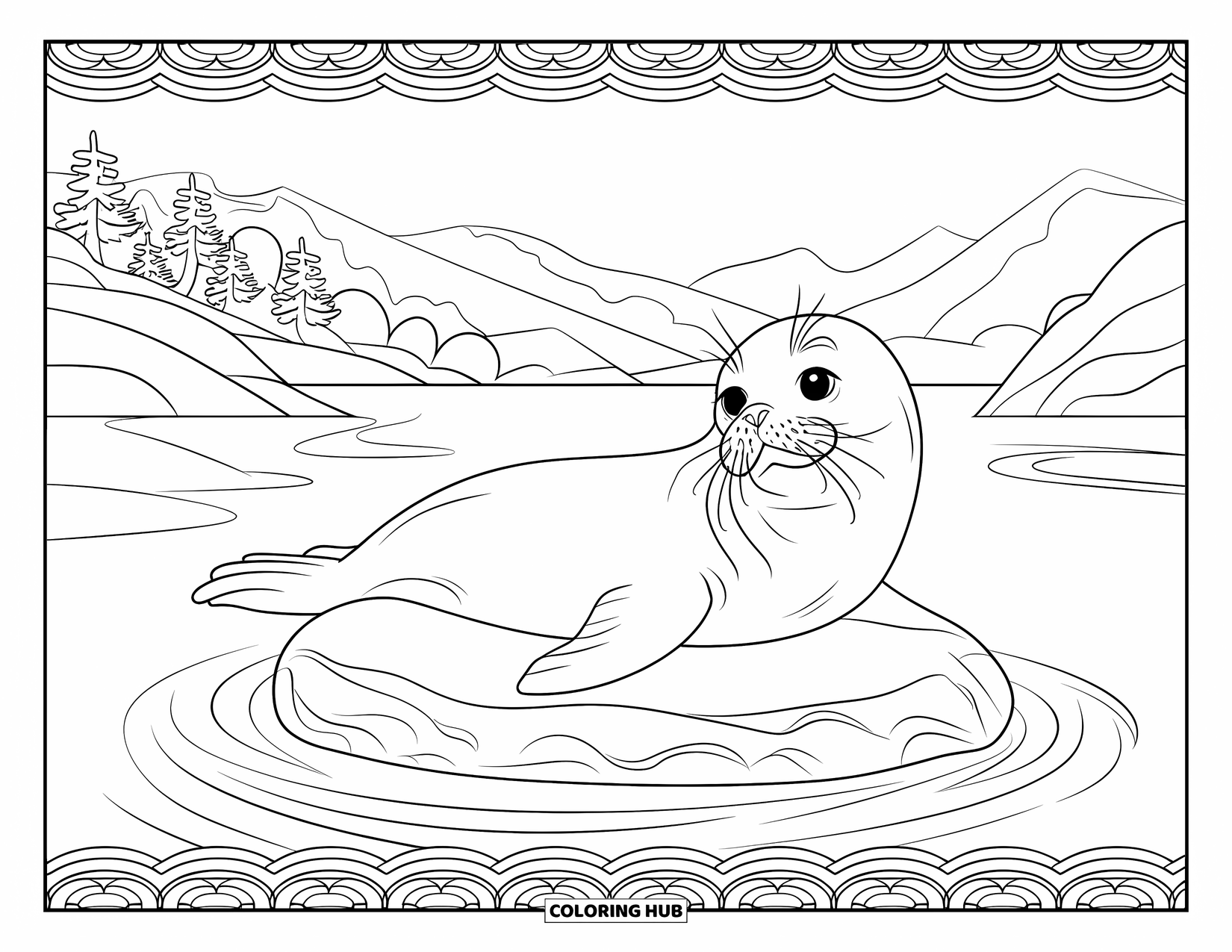 Desenho de Animais Marinhos para Colorir para Adultos: Uma foca descansa em uma rocha cercada por água em espiral e vistas das montanhas