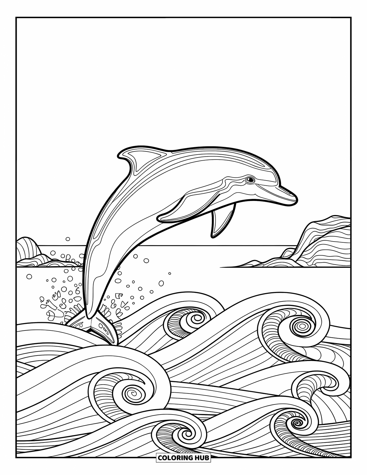 Desenho de Animais Marinhos para Colorir para Adultos: Um golfinho elegante salta sobre ondas e rochas estampadas e pacíficas