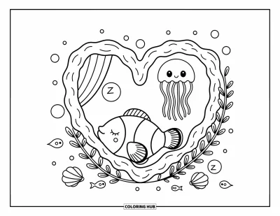 Ocean Animals Coloring Page for Adults: A sleepy fish naps in coral with a jellyfish light and seaweed curtains above