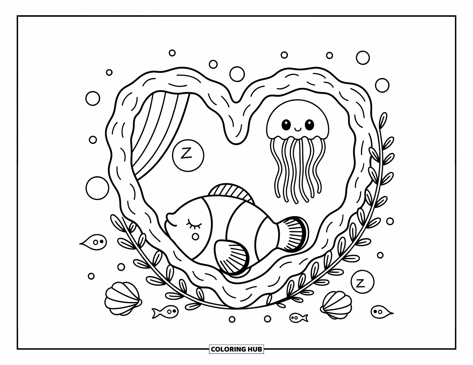 Desenho de Animais Marinhos para Adultos: Um peixe sonolento cochila em coral com uma luz de água-viva e cortinas de algas marinhas acima