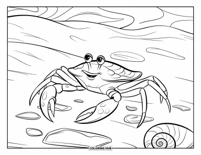 Ocean Animals Coloring Page for Adults: A smiling crab strolls on a sandy floor with waves and seashells around