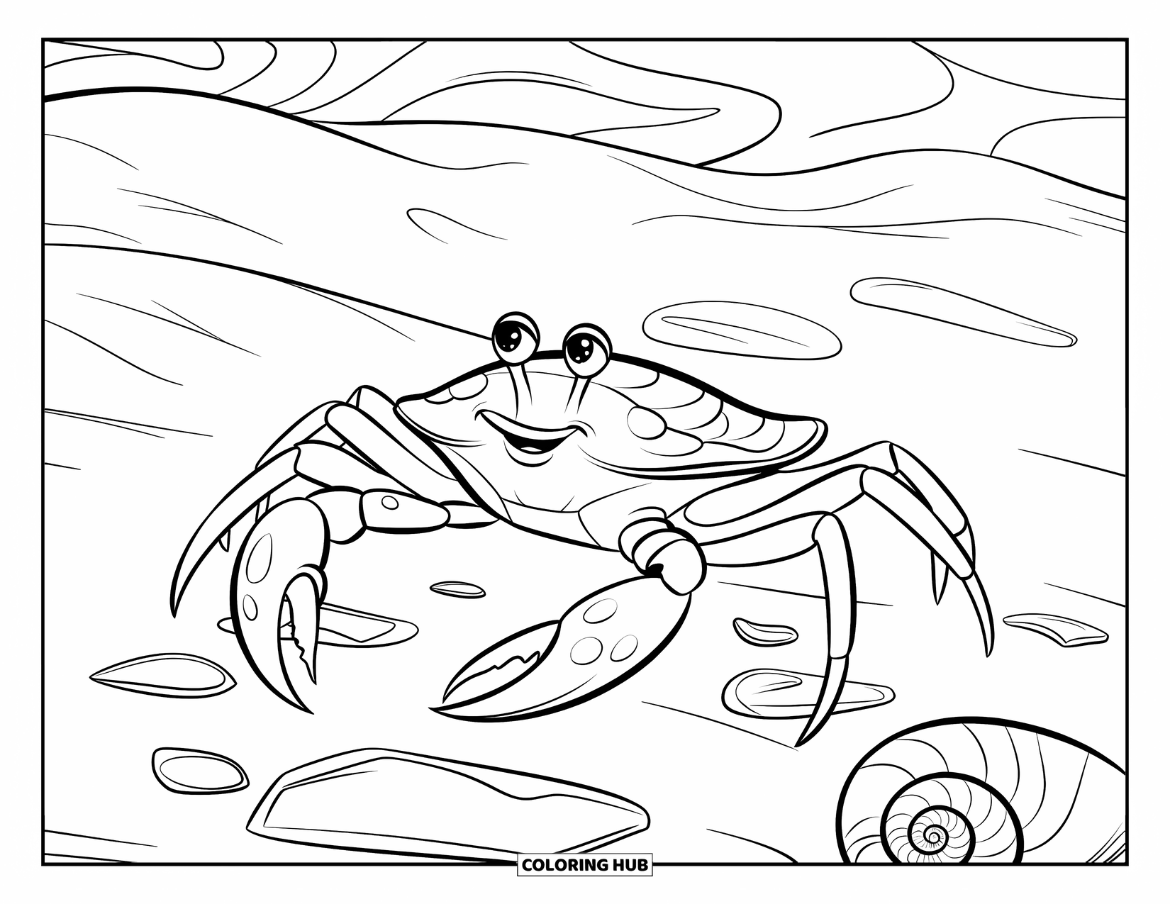 Desenho de Animais Marinhos para Colorir para Adultos: Um caranguejo sorridente passeia em um chão de areia com ondas e conchas ao redor