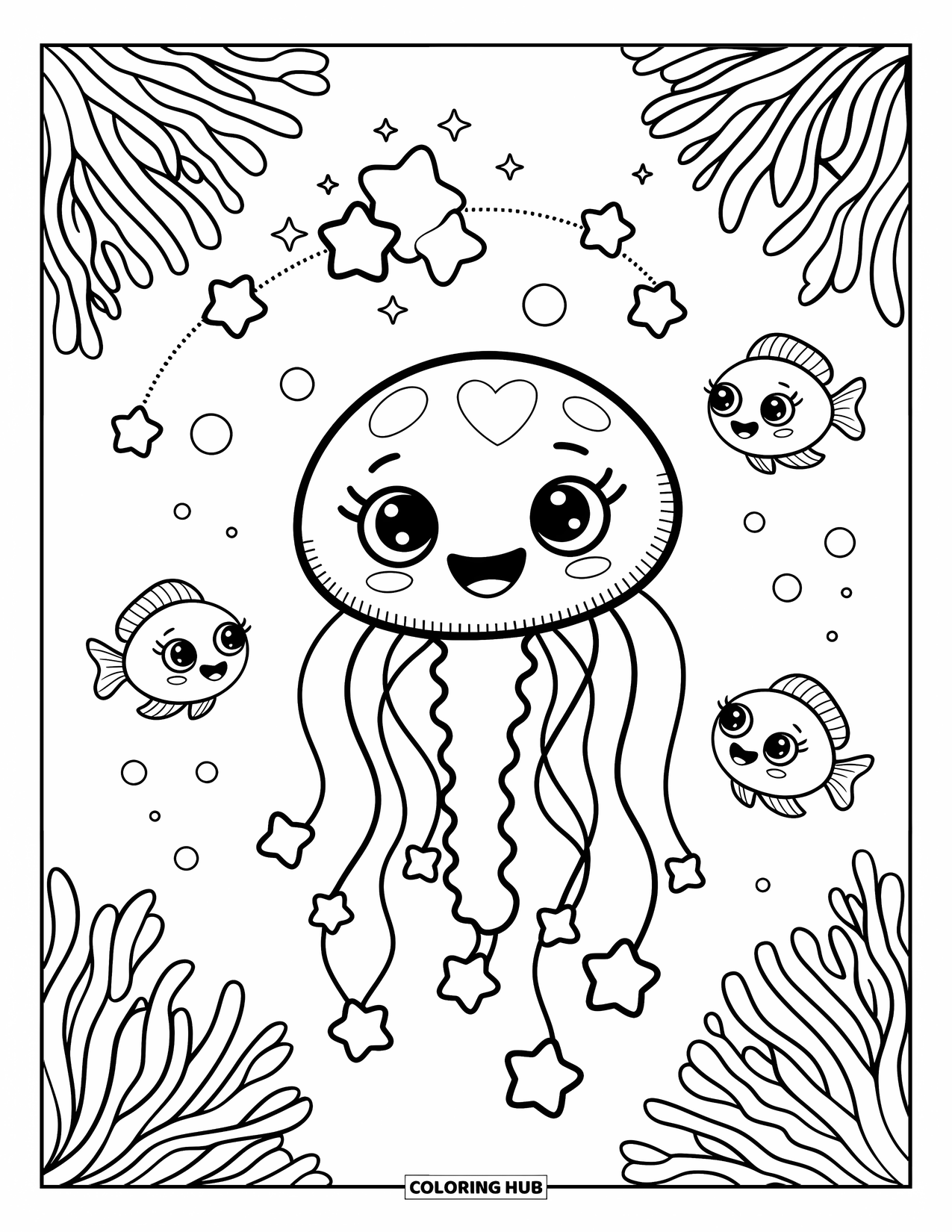 Desenho de Animais Marinhos para Colorir para Adultos: Uma água-viva sorridente segura bolhas de estrela como balões enquanto peixes giram ao redor