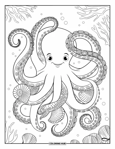 Ocean Animals Coloring Page for Adults: A smiling octopus wraps its swirly tentacles through shells and coral branches