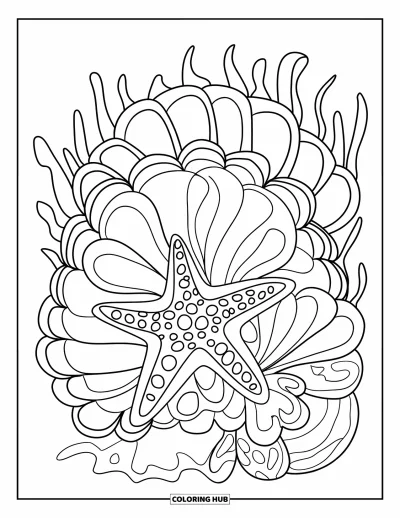 Ocean Animals Coloring Page for Adults: A starfish lies among pretty shells and flowing ocean textures