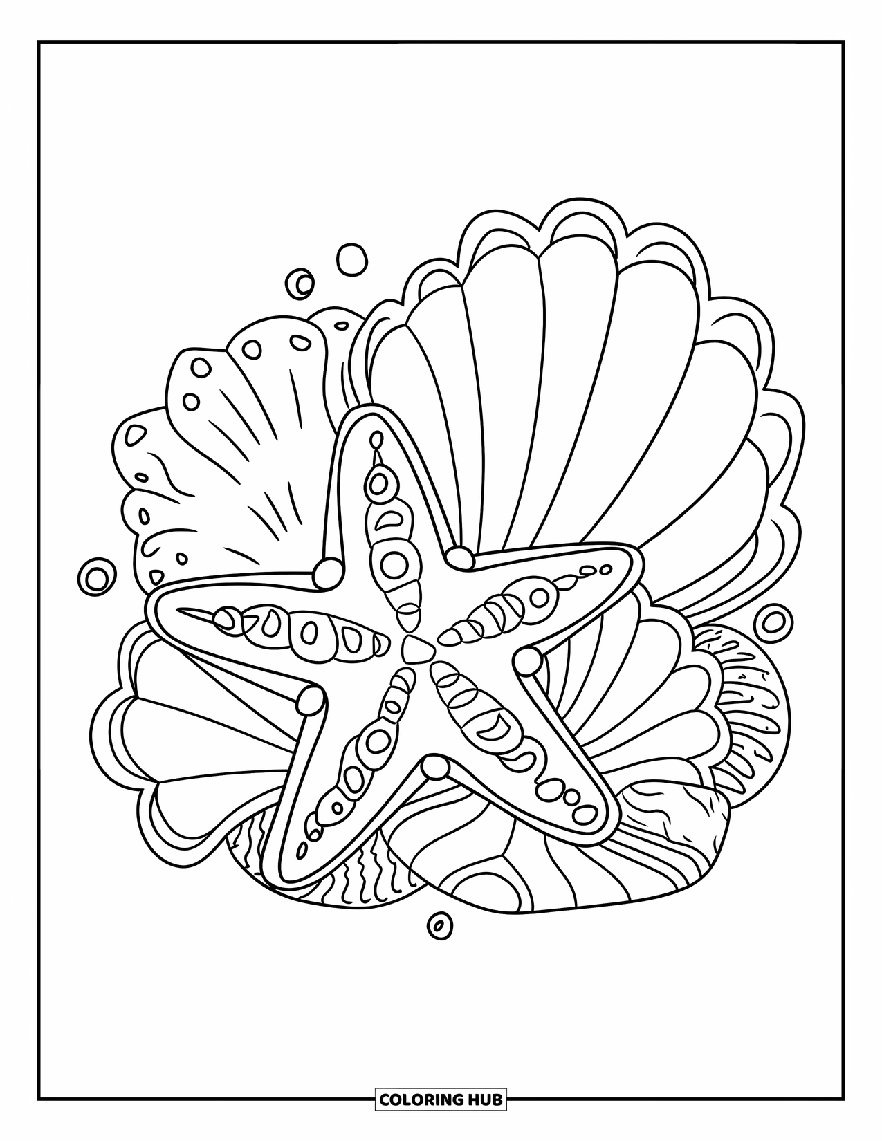 Desenho de Animais Marinhos para Colorir para Adultos: Uma estrela-do-mar relaxa entre conchas decorativas e plantas marinhas