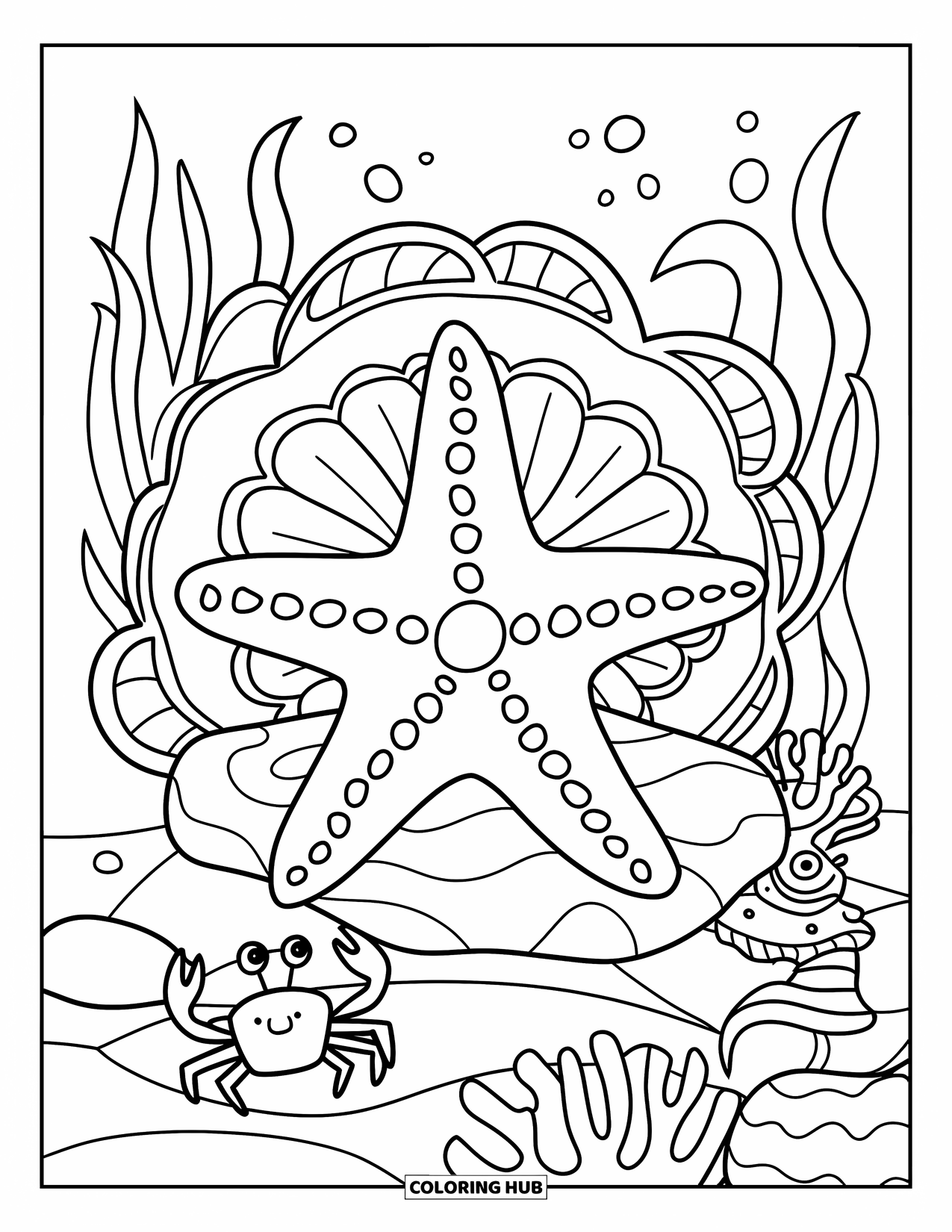 Desenho de Animais Marinhos para Colorir para Adultos: Uma estrela-do-mar com muitos braços relaxa perto de criaturas marinhas e corais