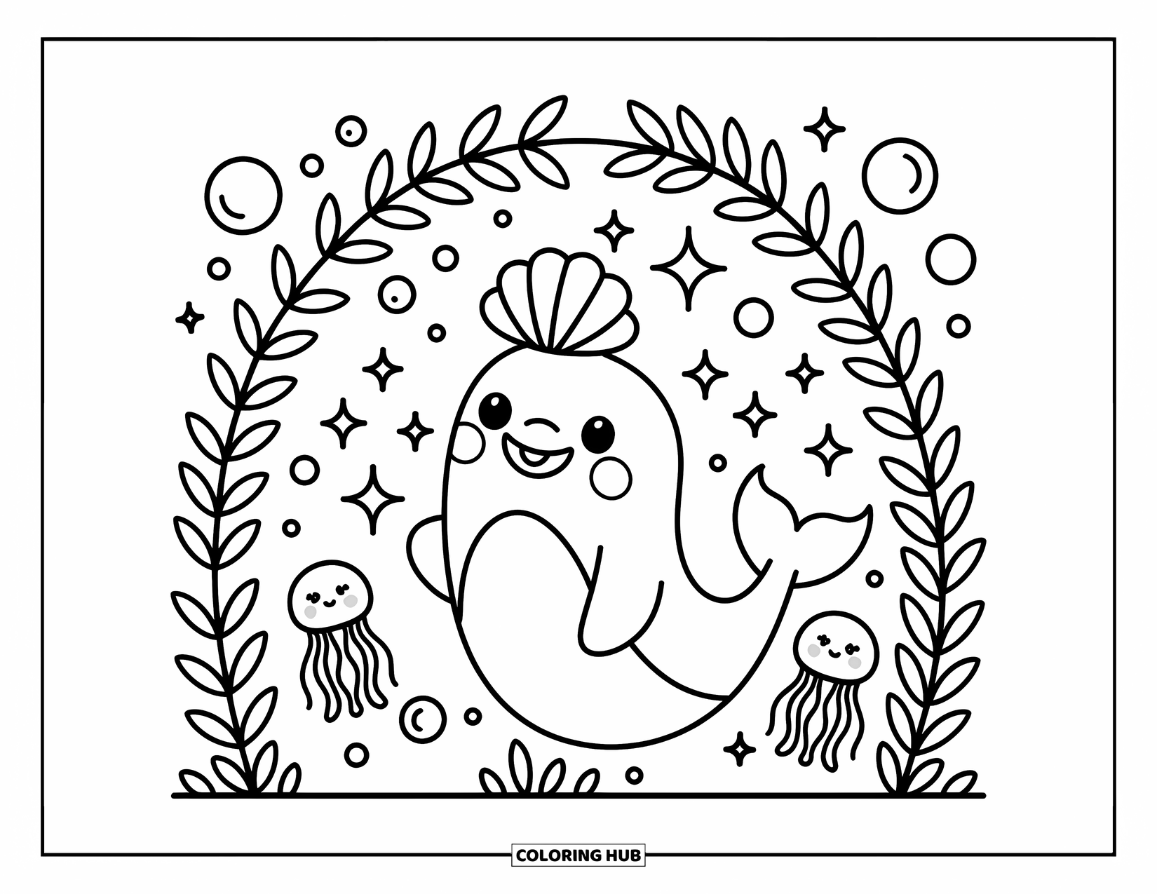 Desenho de Animais Marinhos para Colorir para Adultos: Uma doce beluga equilibra uma coroa de conchas enquanto bolhas giram e águas-vivas flutuam por perto