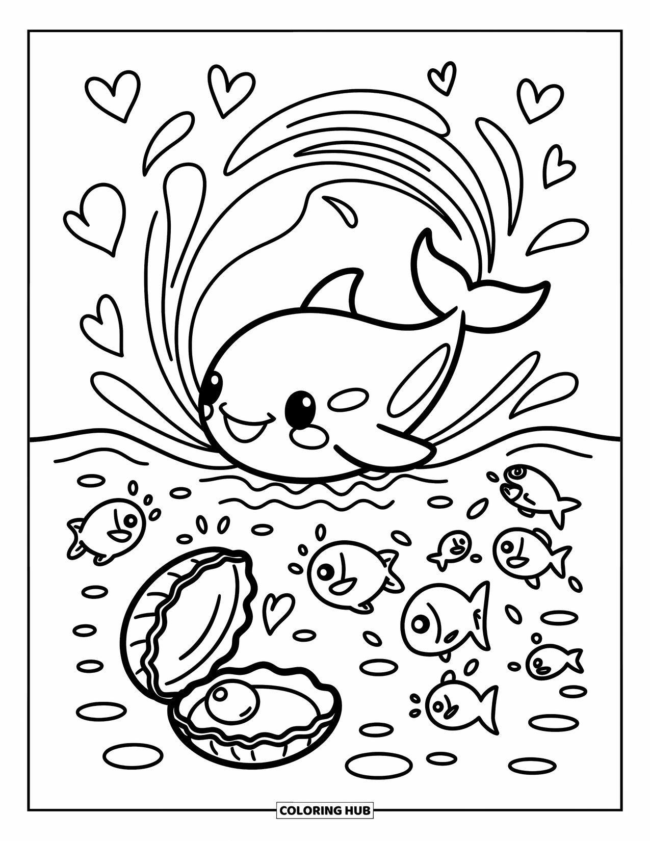 Desenho de Animais Marinhos para Colorir para Adultos: Uma pequena orca espirra alegremente enquanto peixes riem e uma pérola brilha abaixo