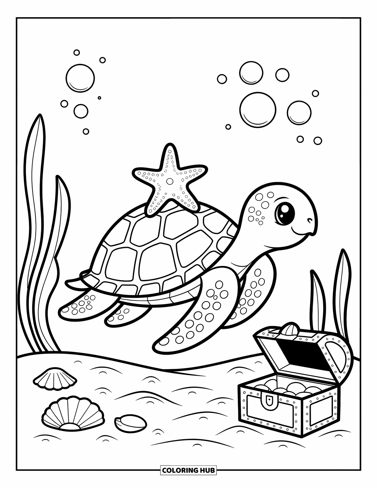 Desenho de Animais Marinhos para Adultos: Uma tartaruga carrega uma estrela-do-mar amiga acima de conchas e tesouros com bolhas de coração subindo