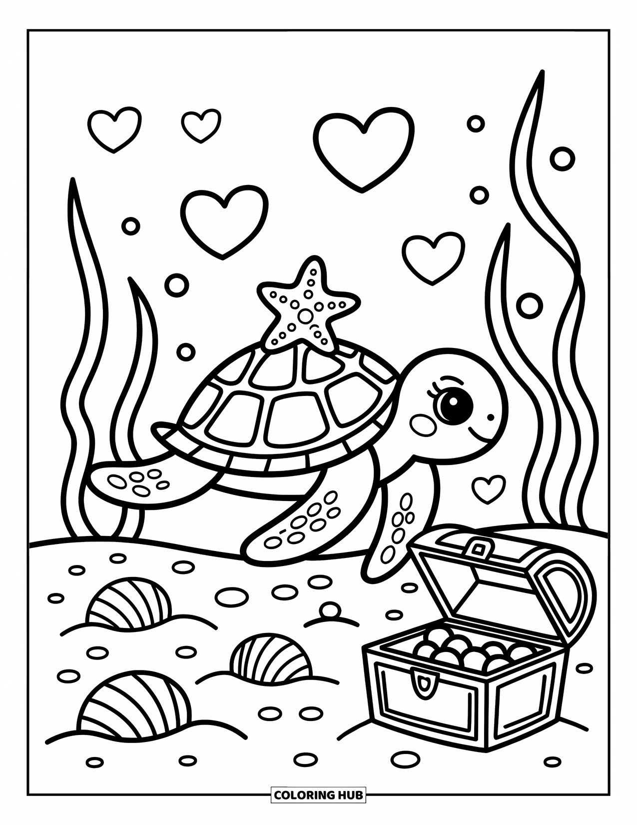 Desenho de Animais Marinhos para Adultos: Uma tartaruga flutua suavemente com um amigo estrela-do-mar perto de conchas, algas e um baú de tesouro