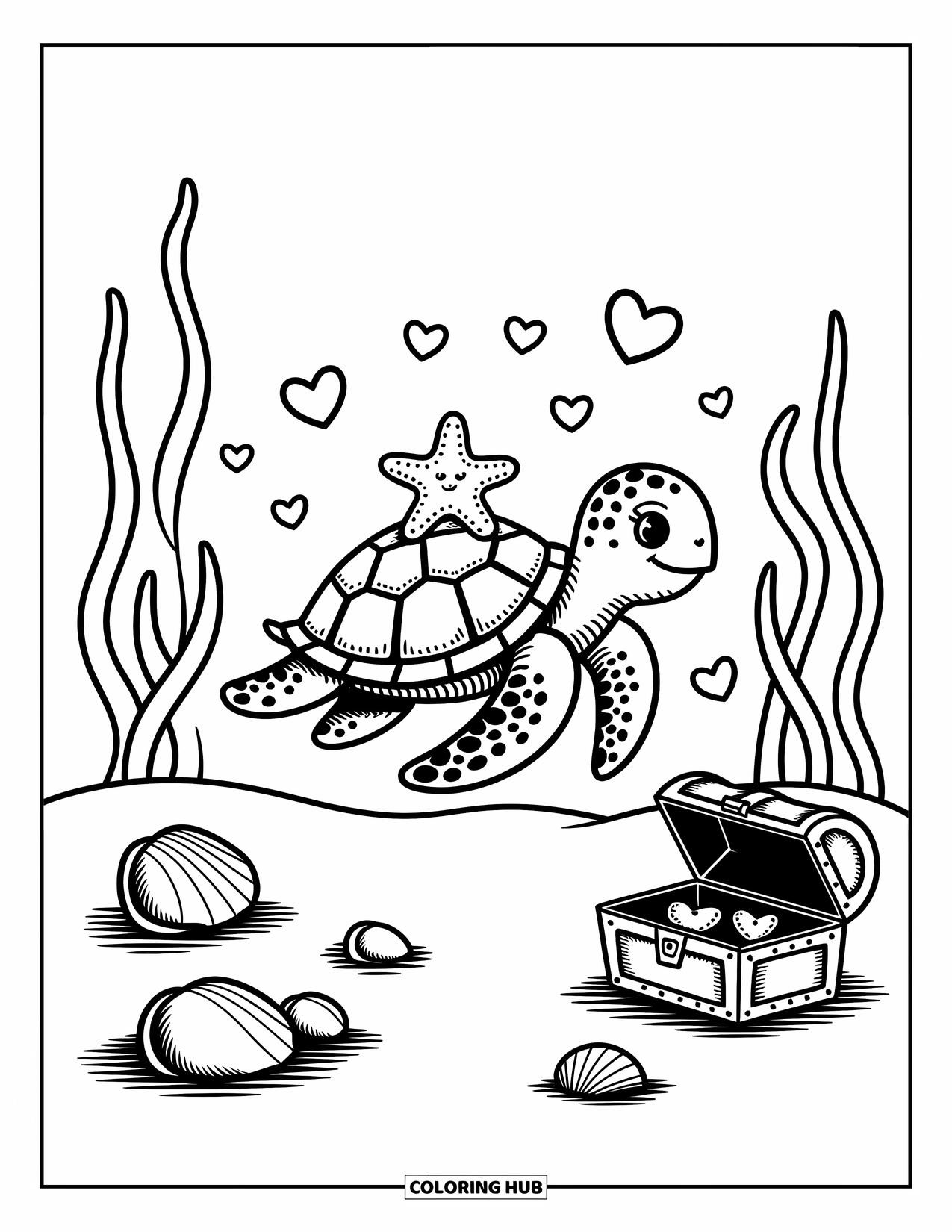 Desenho de Animais Marinhos para Colorir para Adultos: Uma tartaruga nada com uma pequena estrela-do-mar e bolhas de coração em um cenário subaquático aconchegante