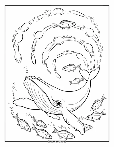 Ocean Animals Coloring Page for Adults: A whale blows spiral bubbles while swimming near a school of fish