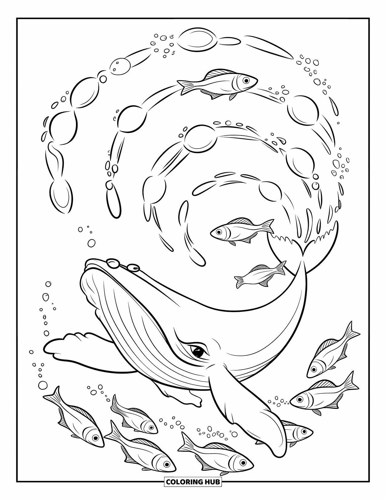 Desenho de Animais Marinhos para Colorir para Adultos: Uma baleia sopra bolhas em espiral enquanto nada perto de um cardume de peixes