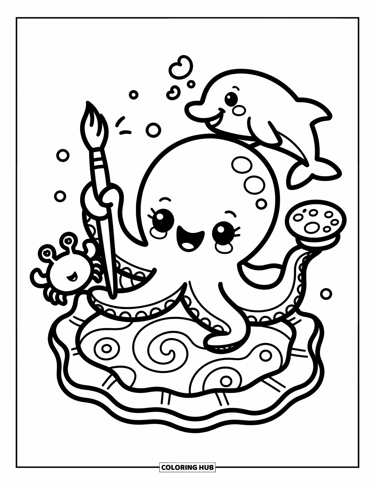 Desenho de Animais Marinhos para Colorir para Adultos: Um polvo artístico pinta enquanto um caranguejo segura a paleta e um golfinho bate palmas