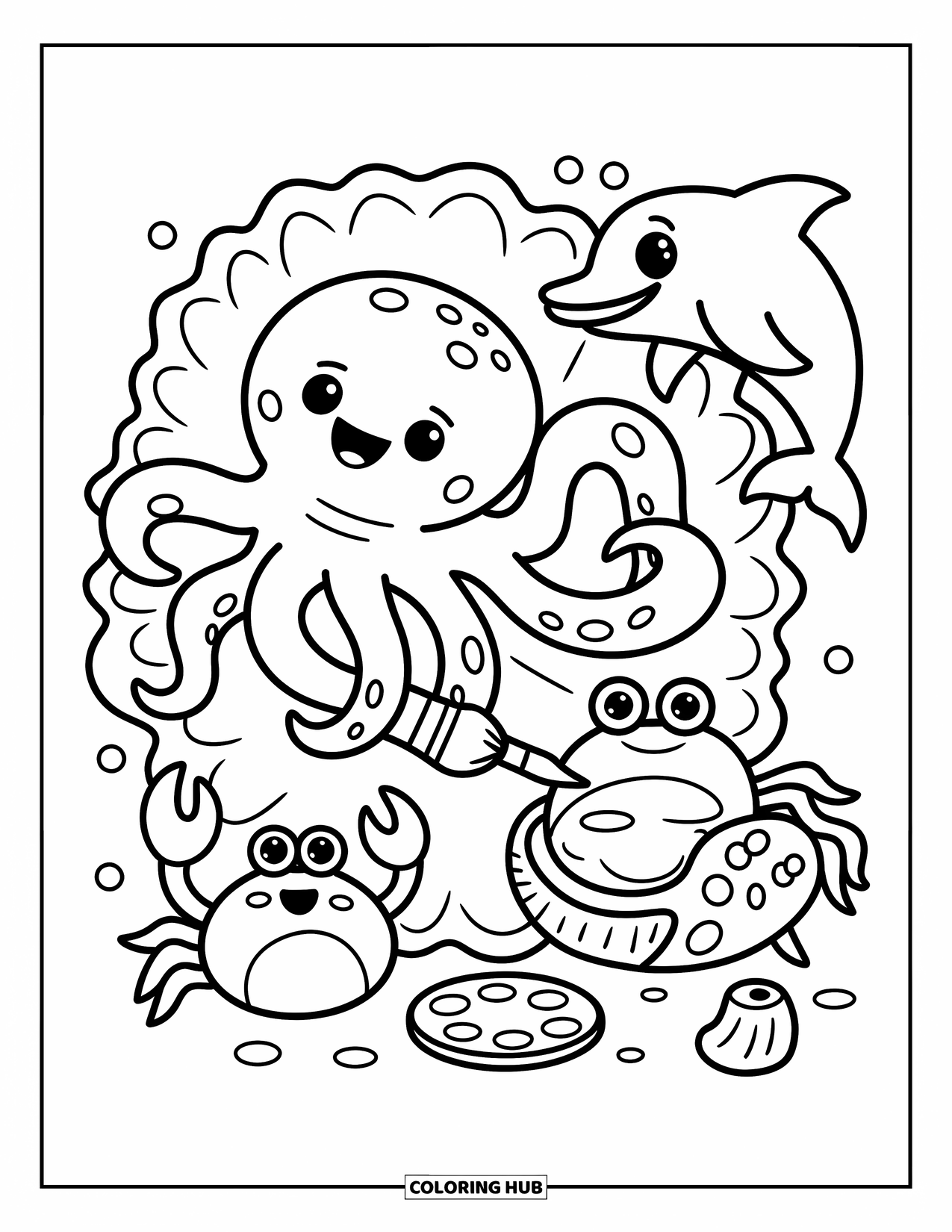 Desenho de Animais Marinhos para Colorir para Adultos: Um polvo pinta uma concha enquanto um caranguejo e um golfinho observam com entusiasmo