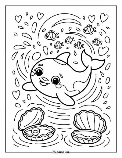 Ocean Animals Coloring Page for Adults: An orca splashes as fish giggle nearby and bubbles dance in the water